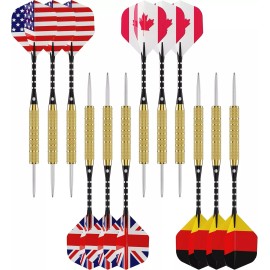 TREKPROOF 12 Pack Steel Tip Darts - Aluminum Shafts, Brass Barrels & National Flags
