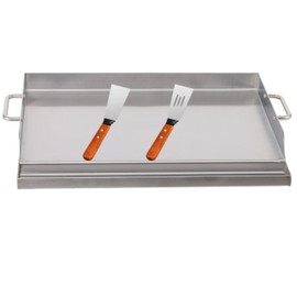 DEWOSEN Universal Stainless Steel Griddle Flat Top Plate Grill-Top Griddle Pan with Even Heating Cross Bracing for BBQ Charcoal/Gas Grills, Camping, Tailgating, and Parties (17"*13")