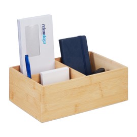 Relaxdays Bamboo Organiser, 3 Compartments, Writing Utensils, Office, Bathroom, HBT 9.5 x 29 x 19 cm, Storage Box, Natural