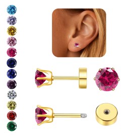 Hypoallergenic Birthstone Stud Earrings for Women Brilliant Cut Round Cubic Zirconia Flat Back Earrings Surgical Steel Cartilage Earrings for Sensitive Ears (Gold, July Ruby)