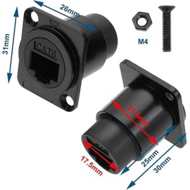 2Pack RJ45 CAT6Panel Mount Socket D-Type,with Dust Cover 31MM x 26MM Coupler Female to Female LAN Network Bulkhead Pass Through Socket,with Install Screw Ethernet Extension Coupler Adapter