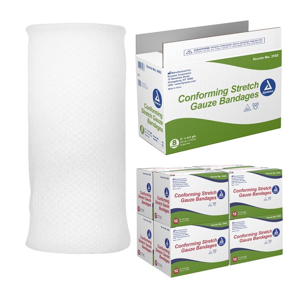 Dynarex Stretch Gauze Bandages, 3" x 4.1 yds, Non-Sterile & Latex-Free, Provides Wound Care in Medical and Home Environments, Individually Rolled, 1 Case of 8 Boxes of 12 Bandages