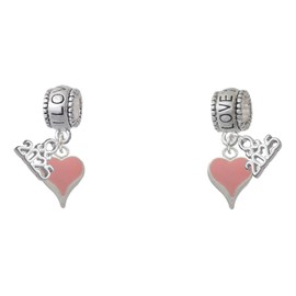 Delight Jewelry Silvertone Small Long Pink Heart - I Love You/Love You More Charm Beads (Set of 2)