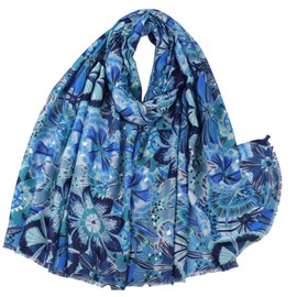 WaJuemy Travel Boho Scarf for Women Casual Lightweight Pashmina Scarves Fashion Multicolor Shawl Wraps with Fringed Beads (29 Blue Floral)