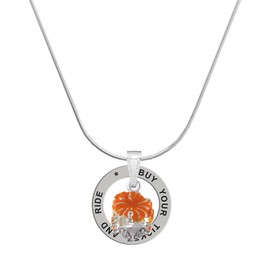 Delight Jewelry Hot Orange Hibiscus Flowers Spinner - Silvertone Buy Your Ticket and Ride Message Ring Necklace, 18"