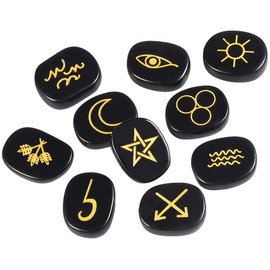 KYEYGWO Pack of 10 Obsidian Oval Crystal Runes Stone with Engraving Golden Gypsy Symbol, Gemstone Rune Stones Set Worry Stone Pocket Stones for Decoration Meditation Divination