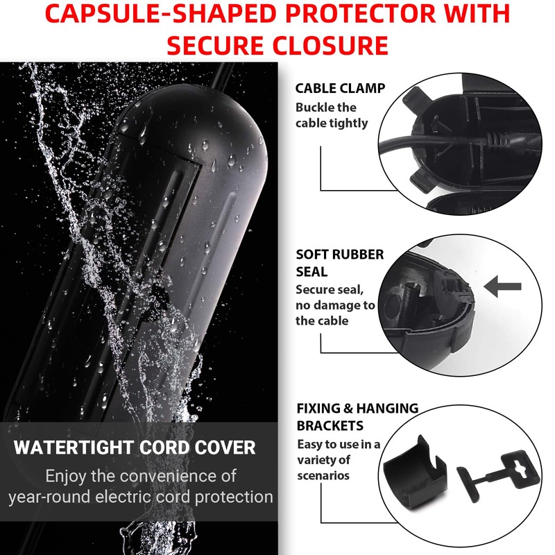 (4-Pack) Large Black Outdoor Extension Cord Plug Protector for AWG12/14/16