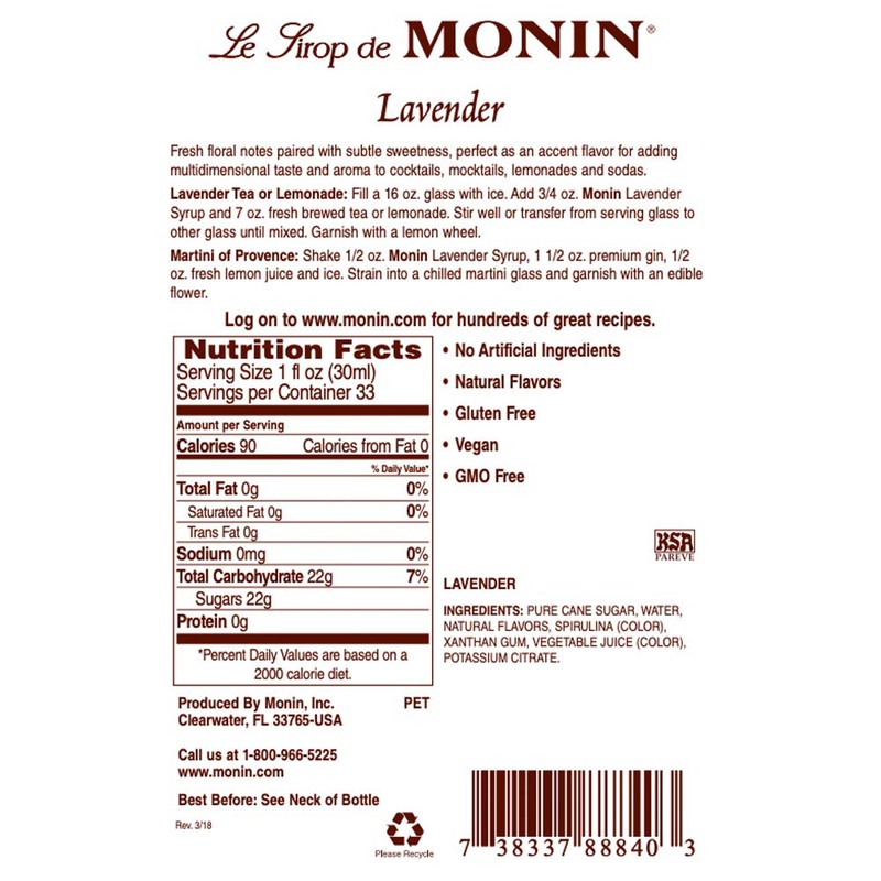Monin - Lavender Syrup, Aromatic and Floral, Natural Flavors, Great