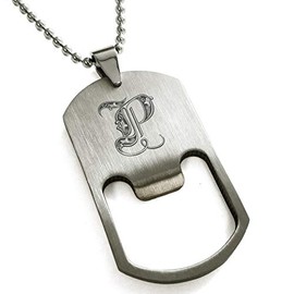 Tioneer Stainless Steel Letter P Initial Royal Monogram Bottle Opener Dog Tag Pendant Necklace