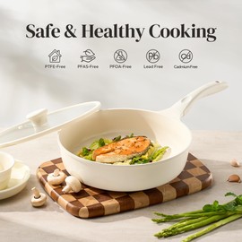 Redchef Nonstick Deep Frying Pan with Lid, Ceramic Saute Pan Skillet, PFOA PFOS Free, Induction Compatible, Stay-Cool Helper Handle, Tempered Glass Cover, Dishwasher Safe, Beige (3.7Qt, 10")