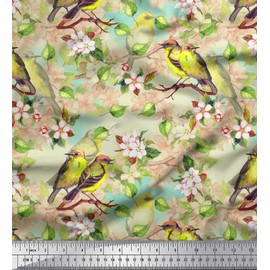 Soimoi Beige Cotton Canvas Fabric Leaves,Peach Floral & American Robin Bird Printed Fabric 1 Yard 56 Inch Wide