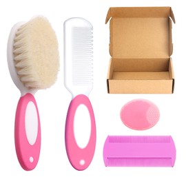 Baby Hair Brush and Comb Set, 4Pcs Baby Soft Bristles Brush Cradle Cap Brush Hair Comb for Newborns Toddlers Boys Girls (Pink)