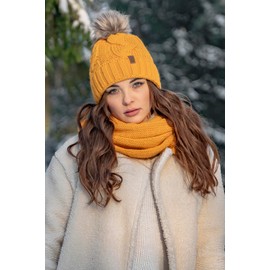VIVISENCE 7014 Women's Bobble Hat Winter Warm Thick Patterned Made in EU, honey