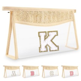 Bolsa de maquillaje con inicial personalizada, bolsa de maquillaje transparente con pajilla, pequeña y bonita bolsa de chenilla con cierre, bolsa de a