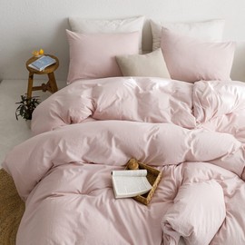 ECOCOTT Pink Duvet Cover King Size - 100% Washed Cotton Durable Soft Comfy Duvet Cover Set, 3 Pieces Duvet Cover with Zipper Closure (Pink, 104''x90'')