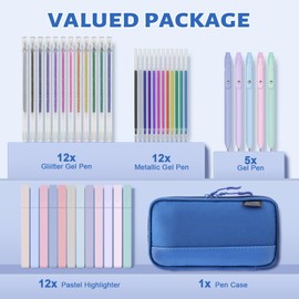 Daerthotk 42 Pack Gel Pens for Coloring Books, 5 Gel Pen 0.5mm Black Ink, 12 Vibrant Sparkle Metallic Glitter Pens with 12 Extra Refills for Enduring use, 12 Pastel Highlighters for Man Woman(Blue)