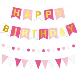 Pink Happy Birthday Banner Pre-strung Happy Birthday Bunting Banner with Golden Letters Rose Pennant Flags Sparkle Birthdays Decor Pink Themed Party Supplies for Women Girls Kids Adults