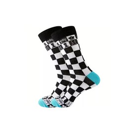 Chess Pattern Crew Socks, Black and White Checkerboard Design, Blue Heel and Toe, UK 6-11