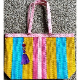 ESTEE ESTEE LAUDER YELLOW BLUE PINK PASTEL TRIPE COTTON BEACH TOTE SHOPPING BAG