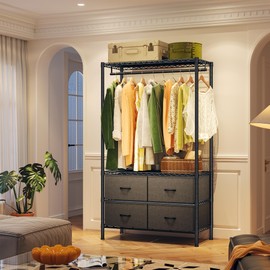 Raybee Clothing Racks with 4 Drawers, Heavy Duty Clothes Rack for Hanging Clothes Adjustable Portable Closet Freestanding Metal Clothing Rack with Shelves for Extra Closet Space, Black