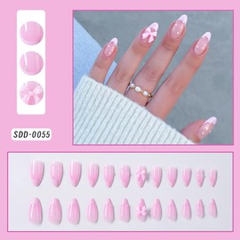 24Pcs Pink French Tip Press on Nails Short Almond Fake Nails 3D Bow with Pearl Rhinestones Design Full Cover Artificial Stick on Nails Reusable Nude Pink Nails Cute False Nails for Women Acrylic Nails