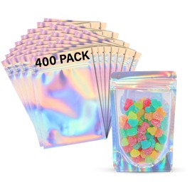 COLSEN Mylar Bags - 3x4 Inches Smell Proof Foil Pouch Bag (2.5oz), Resealable, Holographic, Assorted Sizes for Food Storage, Candy, Snacks, Jewelry Packaging - Clear Window, Strong Seal (400pack)