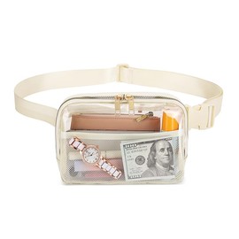 Clear Bag for Stadium Events, Fanny Pack with Adjustable Strap, Clear Crossbody Bags for Women Men, Clear Belt Bag for Concerts Sports Travelling Hiking Running（Cream）