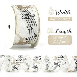 LIZLOVESS Ivory Music Note & Reindeer Christmas Wired Ribbon 2.5" X 10 Yards Ivory and Gold Christmas Tree Ribbon for Topper Bows, Crafts Projects, Wreath Making,Garlands Supplies, Home Decor