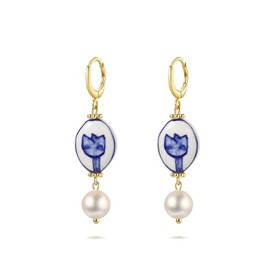MANOLIORA Blue and White Porcelain Tulip Earrings – Hand Painted Ceramic Drop Earrings with Freshwater Pearls – 925 Sterling Silver Hoop Floral Jewelry Gift for Women