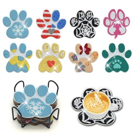 YOKUSHI 8 Pcs Cartoon Diamond Art Coasters kit for Adults, Cute Dog Paw DIY Diamond Painting Coasters Kit with Holder (Paw)
