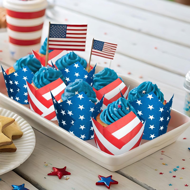 JarThenaAMCS 200Pcs Patriotic July 4th Tulip Cupcake Liners Stars Stripes