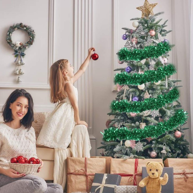 DIYASY 6M Green Christmas Chunky Tinsel Garland Decorations for Christmas