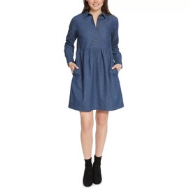 NINE WEST Women's 2024 Casual Cotton Soft Lightweight Denim Dress Long Sleeve Collar Stand Front Button Closure with Pockets - Brentwood Small