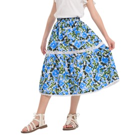 Rolanko Long Floral Skirt for Girls, Elastic High Waist Ruffle Hem, Flowing A-Line Boho Maxi Dress, Blue floral