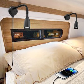 CamperXlite 2 Pezzi Lampada da Lettura LED 12-24V – Flessibile Collo di Cigno, Dimmerabile, 20W Tipo-C, Luce Rossa Ausiliaria, Perfetta per Camper, Barca, Yacht, Traghetto, Autobus (Nero, 4000K)