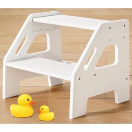 Harwaya White Wood Toddler Step Stool for Bathroom Sink, 2 Step Kids Stool for Toilet Potty Training, Baby Child Stepping Stool with Handles for Toddlers Nursery Kitchen Counter (White)