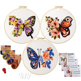Anidaroel 3 Sets Butterfly Embroidery Kit for Beginners Adults, Stamped Cross Stitch Kits for Beginners Include Embroidery Fabric Embroidery Hoop Threads and Needles