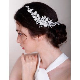 Chargances Handmade Wedding Pearl Beaded Hair Comb Bridal Silver Leaf Hair Side Comb Bride Flower Hair Piece Wedding Hair Accessories for Women and Girls (Silver)