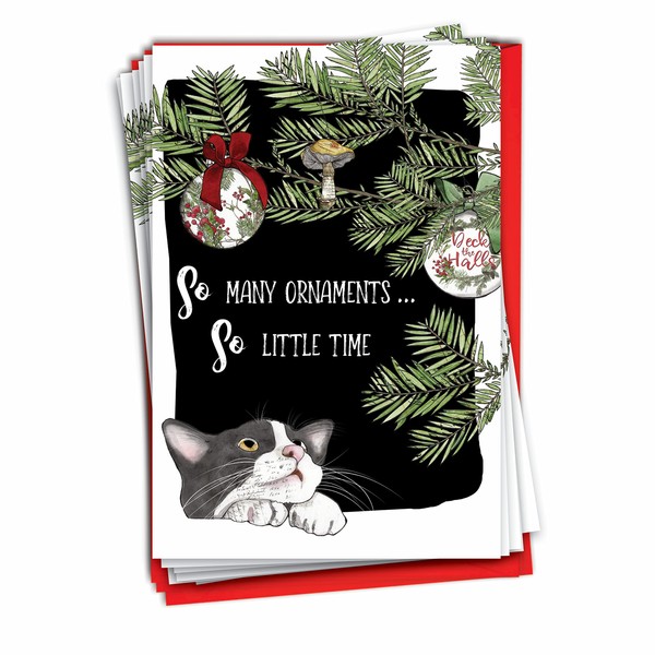 NobleWorks - 12 Funny Animal Christmas Cards - Pet Holiday Humor, Bulk Boxed Notecards with Envelopes (1 Design, 12 Cards) - So Many Ornaments Cat C3473XSG-B12x1