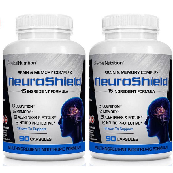 NeuroShield, Brain Supplement a Nootropic Brain Booster and Memory Supplement, Contains Huperzine A, Ginko Biloba, Bacopa Plus Antioxidants for Brain Health, Multi-Ingredients, 2 Bottles, 180 Capsules