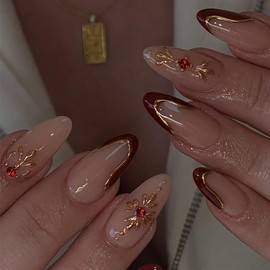 24Pcs Red French Tip Press on Nails Medium Almond Fake Nails with Red Diamond Designs Gold Line Flower False Nails Nude Glossy Acrylic Nails Full Cover Stick on Nails for Women Girls Nail Art Supply