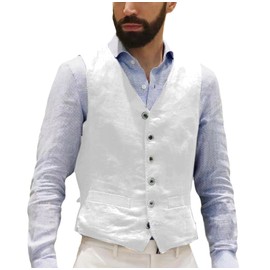 AeoTeokey Men's Linen Vest Summer Suit Vest Vintage Retro Business Party Vest Regular Fit, White