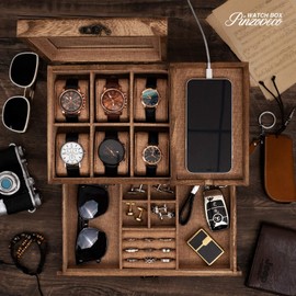 Pinzoveco Watch Box Organizer for Men, 6 Slot Mens Jewelry Box Display & Storage Watch, Solid Wood Watch Case for Men, Gift for Boyfriend Fathers Day Birthday Gifts (Carbonized Brown)
