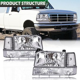 LQI Headlights Assembly w/Corner Signal Lamp +Bumper Lamps Compatible with 1992-1996 Ford F150 Bronco/Fit 1992-1997 Ford F250 F350 Driver & Passenger Side F2TZ13008A F2TZ13008B FO2503114