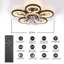 meefuns 22.8 Inch Flower Ceiling Fan with Lights Remote Control, Silent 6 Speed 3 Color Dimmable Lamp with Invisible Blades for Indoor Bedroom Living Room Home Decoration (Brown)