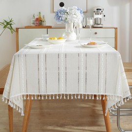 Pahajim Tablecloth Rectangular Table Cloth Cotton Linen Tassel Wipe Clean Washable Tablecloth Wrinkle Freefor Kitchen, Dinning,Party Tabletop Decoration(White-Stripe, 55 x 71 inch)