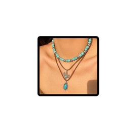 Jascatin Layered Turquoise Cow Head Pendant Necklaces Bead Silver Choker Necklace Clavicle Chains Collar Necklace for Women and Girls