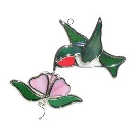Stained Glass Ruby Throated Hummingbird and Flower Suncatcher