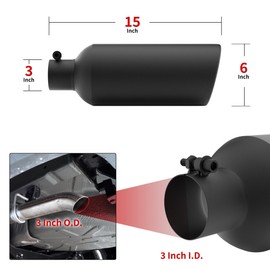 Richeer 3 to 6 inch Exhaust Tip, 3" inlet 6” Outlet 15” Overall Length Stainless Steel Exhaust Tip Black Powder Coated Finish Universal for Vehicles with 3" O.D. Exhaust Tailpipe, Rolled Edge, Bolt on