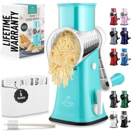 Zulay Kitchen Rotary Cheese Grater 5 Blade Cheese Shredder - Manual Hand Crank Cheese Grater With Reinforced Suction & 5 Interchangeable Drums - Easy to Use, Vegetable Chopper Round Mandoline Slicer